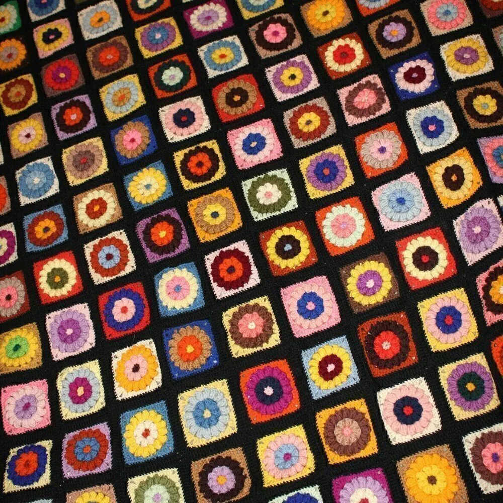 1960's 3D Flower Floral Afghan Granny Multicolor Crochet Blanket Handmade 62x78